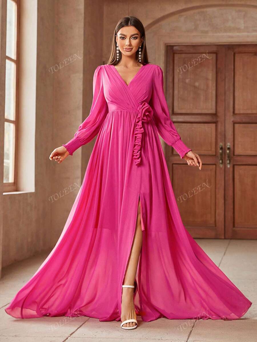 Vestido maxi de mujer con cuello en V, mangas farol y decoración floral 3D en un solo color, vestido elegante de dama de honor