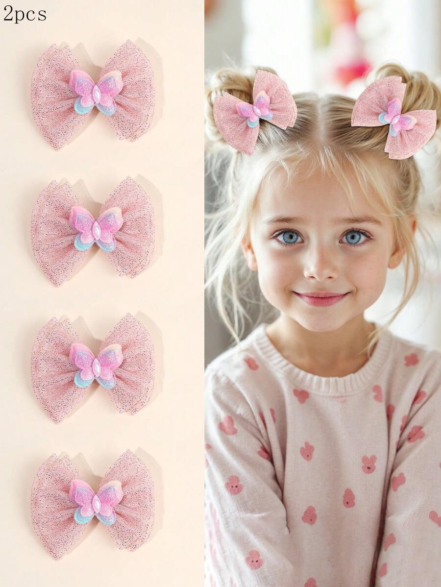 2pcs Yarn Double Layer Girls Hair Bow Clips,Fabric Butterfly Decor Hair Bows Clips For Kids,Fashion Alligator Clips Hair Accessories For Girls