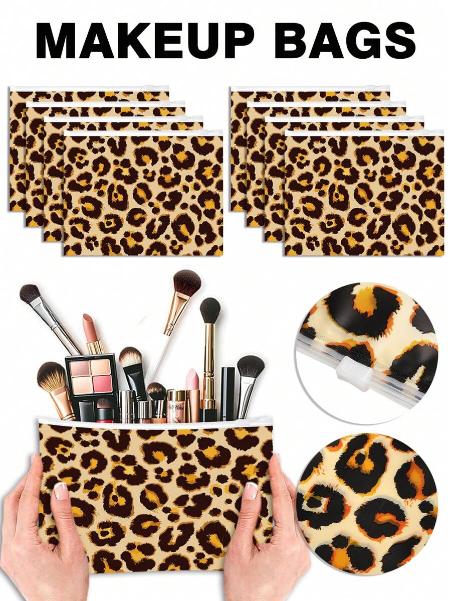 1/ 5/ 10 piezas Bolsa de maquillaje con estampado de leopardo - Organizador de cosméticos impermeable para viajes para mujeres, bolsa de aseo de viaje de moda 2025, accesorio de moda para verano, vacaciones, decoración de baño en el hogar, accesorios de baño para vacaciones, de vuelta a la escuela