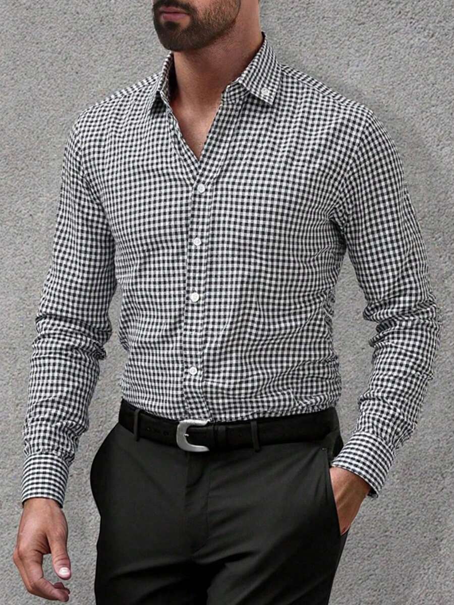 1 pièce Chemise homme 2025 Nouveau style noir et blanc à carreaux, coupe ample et polyvalente, mode coréenne chemise oversize à carreaux, convient pour le travail et les tenues décontractées au printemps/automne