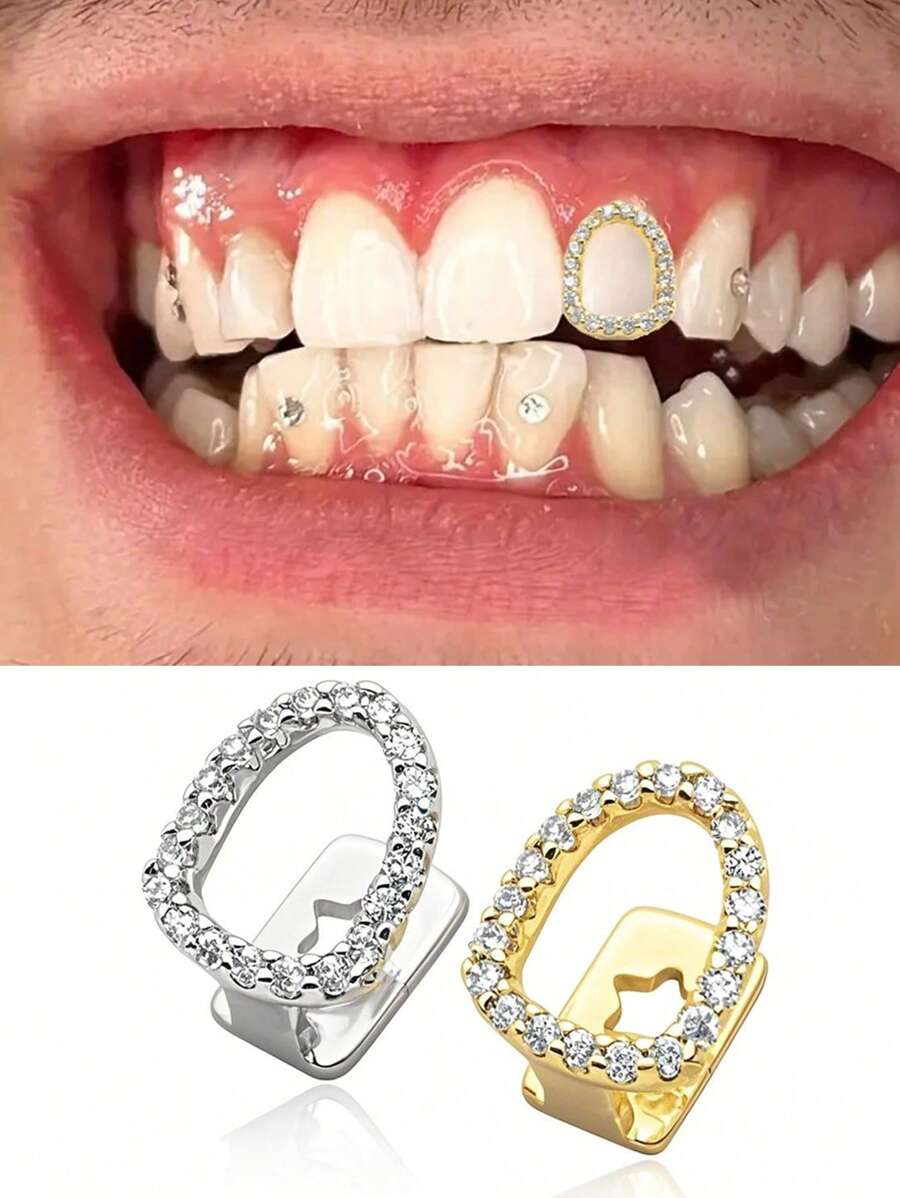 1 pièce Couronne creuse entièrement incrusté de strass, plaqué or. Bijou à dents cool et punk personnalisé pour l'hip-hop, convient pour le port quotidien des hommes et des femmes