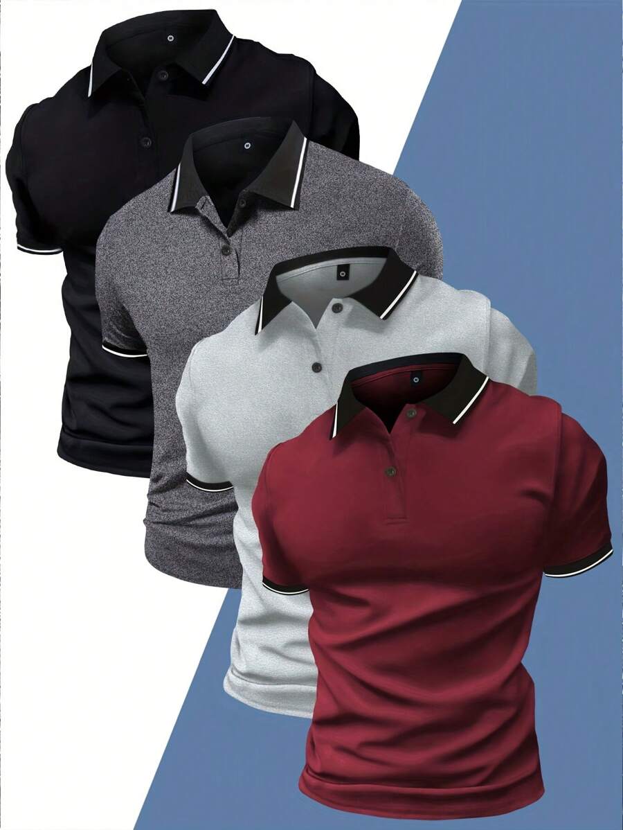4 Piezas Camisas polo de manga corta de verano de colores para hombre, camisas polo clásicas casuales y delgadas de unicolor, versátiles para vacaciones y uso al aire libre