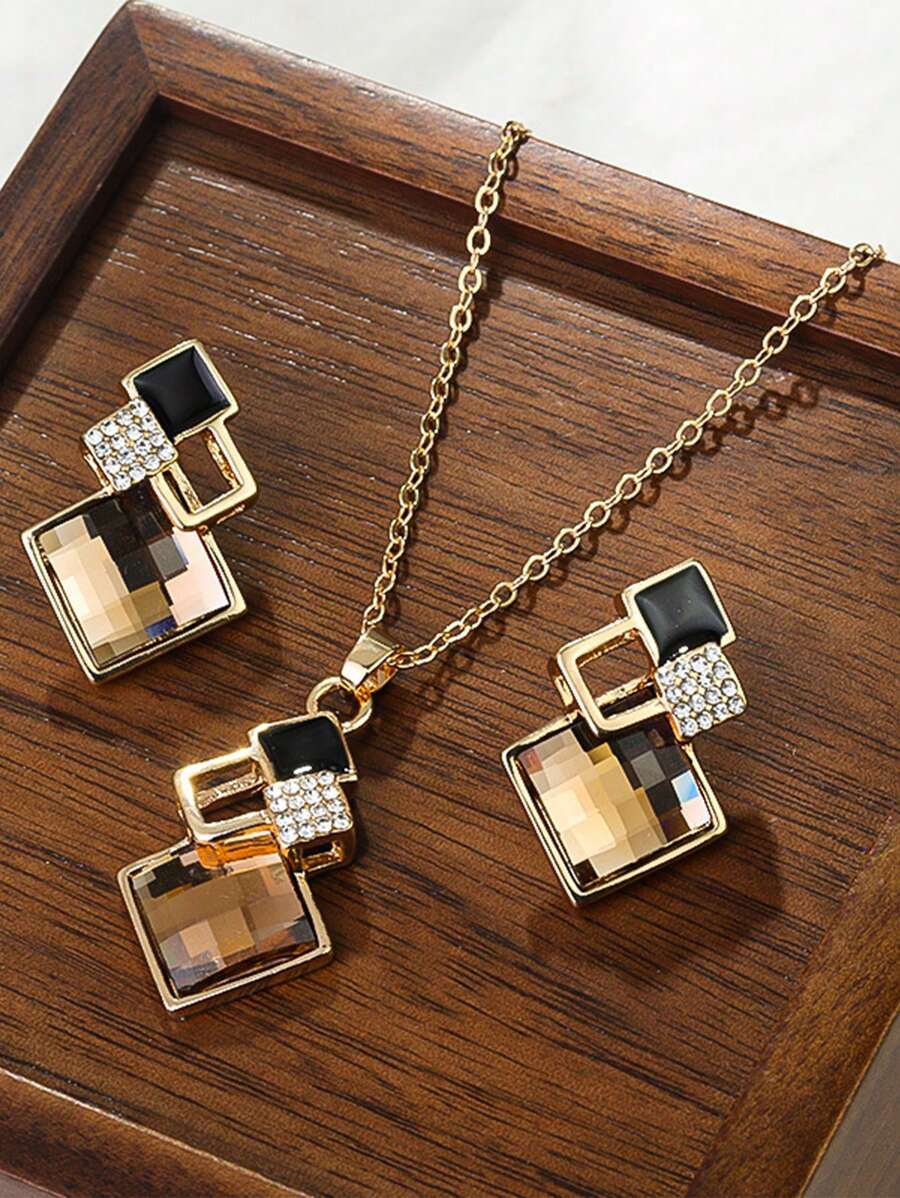 2pcs Asymmetrical Geometrical Luxury Fashion Necklace & Earrings Set For Women