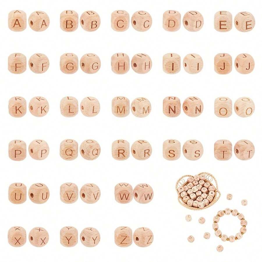 26pcs Wooden English Alphabet Beads, Square Spacer Beads For DIY Bracelets, Necklaces, Jewelry Making, Crafts Supplies