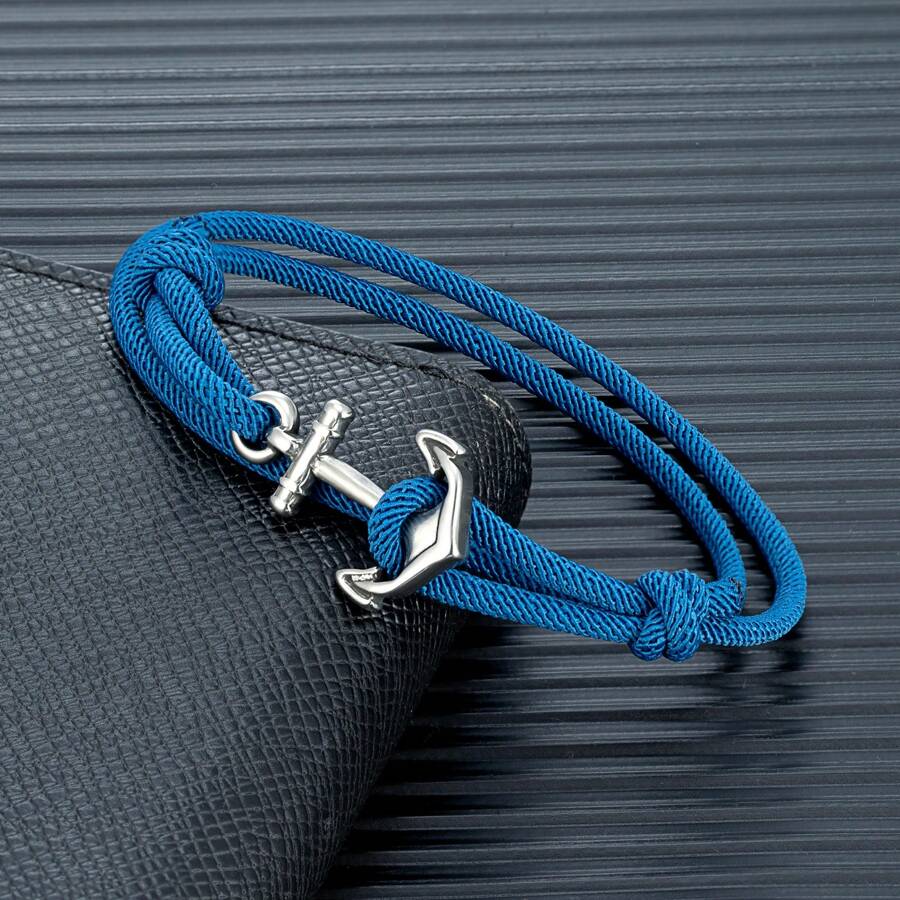 1 pieza Brazalete ajustable de estilo náutico hecho a mano con ancla para hombres, Accesorio de joyería multicapa con cuerda fina de 3mm