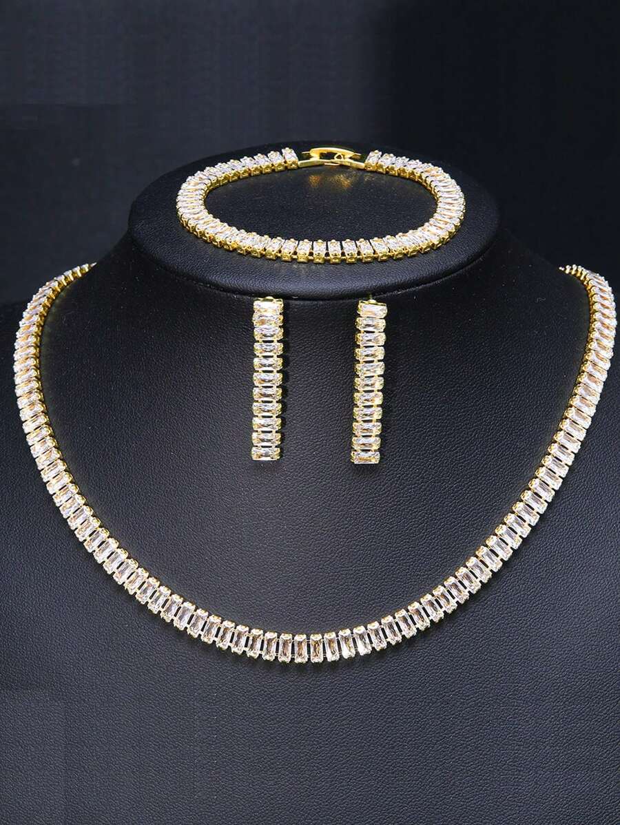 3 stuks/set CZ ingelegde rechthoekige ketting, armband en oorbellen sieradenset, geschikt voor bruiloften en feesten voor vrouwen