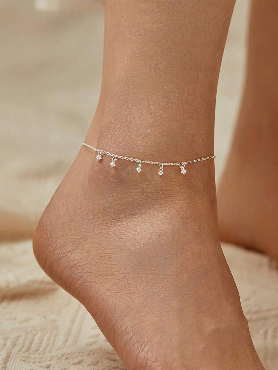 1pc 925 Sterling Silver Elegant Casual Cubic Zirconia Decor Anklet, Suitable For Daily Wear And Vacation
