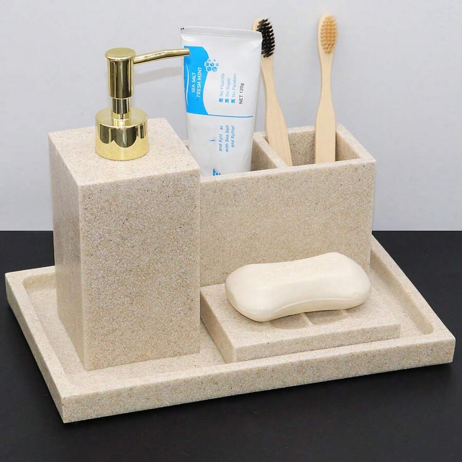 Harz Badezimmer Set, inklusive Seifenspender, Zahnbürstenhalter, Spülbecher, Seifenschale, Tablett, Kammhalter usw. Frei konfigurierbare Badezimmer Deko und Aufbewahrungszubehör für Ausstellungsbäder/Badaccessoires Badorganizer Herbstdekoration Einschulung