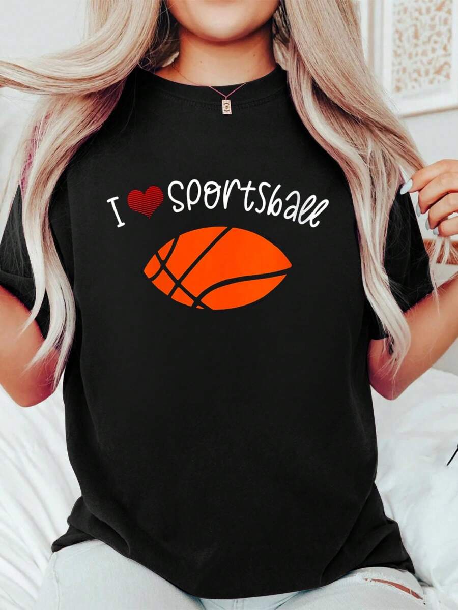 Womens I LOVE SPORTSBALL Funny Football Basketball Sports Sarcasm V-Neck T-Shirt Print Round Neck Cotton T-Shirt, Summer Women's Tops, Gift