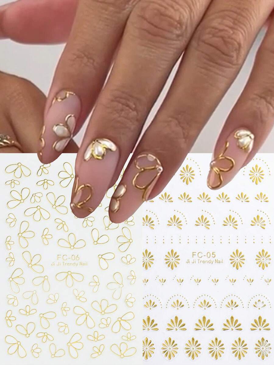 2 hojas con calcomanías de arte de uñas en relieve con estampado bohemio de mandalas, flores, hojas y encaje en 3D con efecto bronceado, decoraciones florales francesas autoadhesivas para diseños DIY