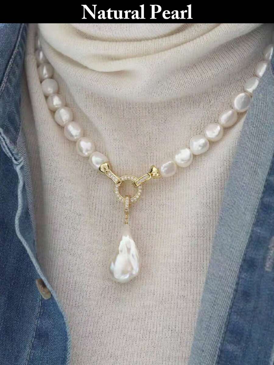 1pc Fashion Asymmetrical Baroque Pearl Necklace, Natural White Baroque Pearl Pendant Necklace, Stylish & Unique For Daily Wear, Holiday Gift