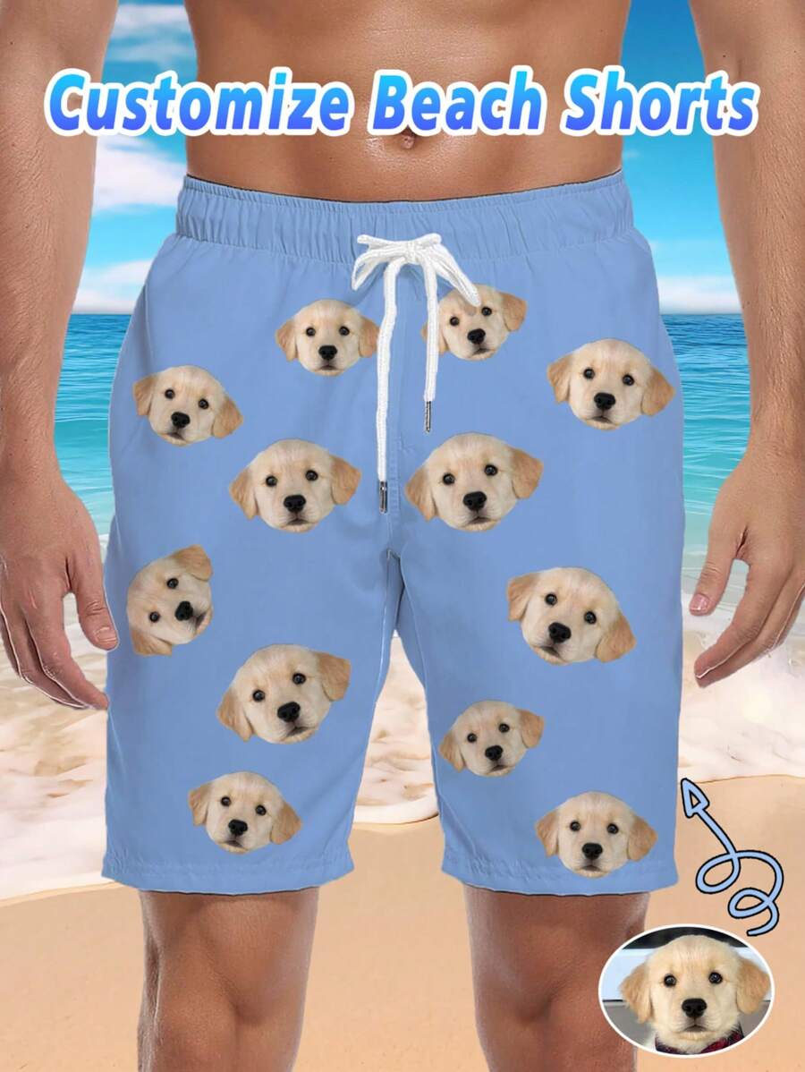Custom Beach Shorts With Dog Face, Personalized Pet Photo Swimwear, Customize Photo Swim Trunks, Swimsuit With Picture For Men, Face Swimwear