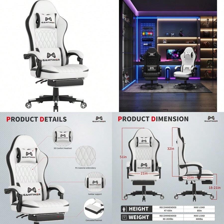 Gaming Chair With Footrest Ergonomic Computer Chair With Lumbar Support With 4D Foam Sports Seat Cushion Breathable Leather Material Height Adjustable Adult Office Chair White