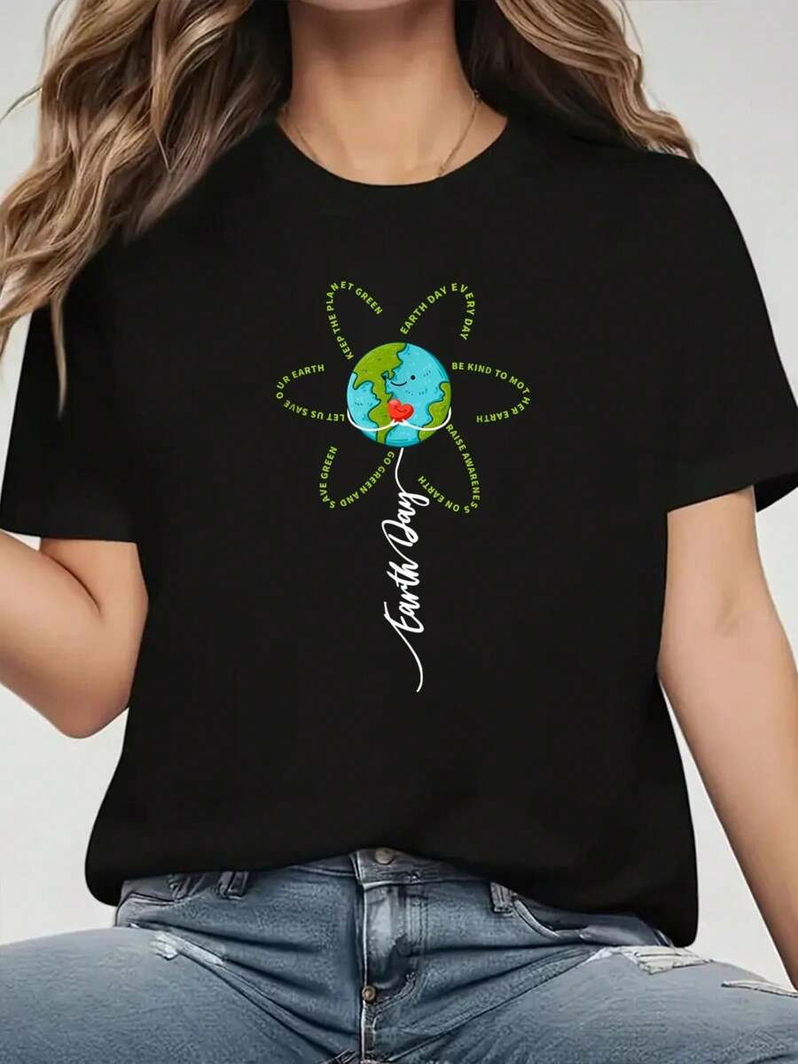 Funny Flower Earth Day Everyday Women Girl T-Shirt Print T-Shirt, Casual Crew Neck Short Sleeve Comfort Tee Top For Spring & Summer, Women's Clothing