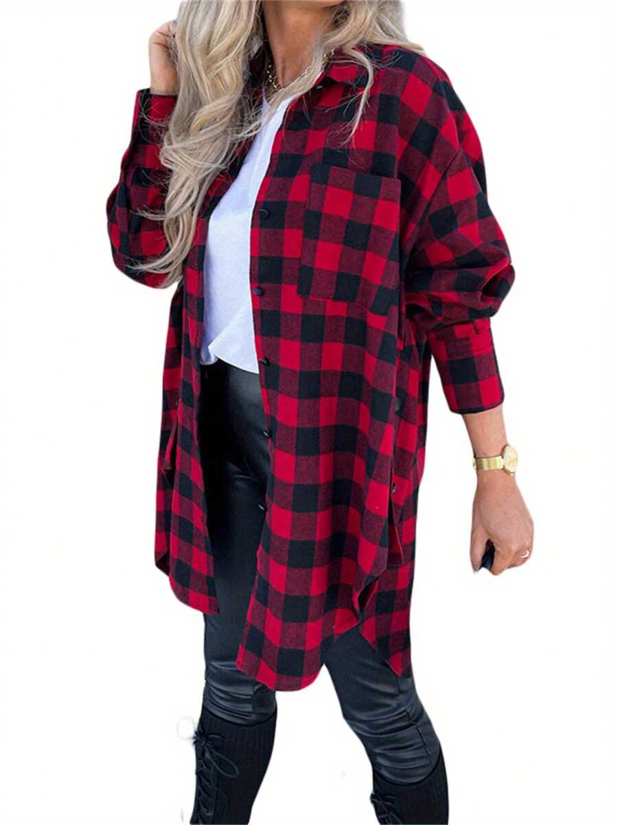 Female Shirt, Ladies Plaid Lapel Long Sleeve Tops Coat With Chest Pockets For Spring Autumn, S/M/L/XL