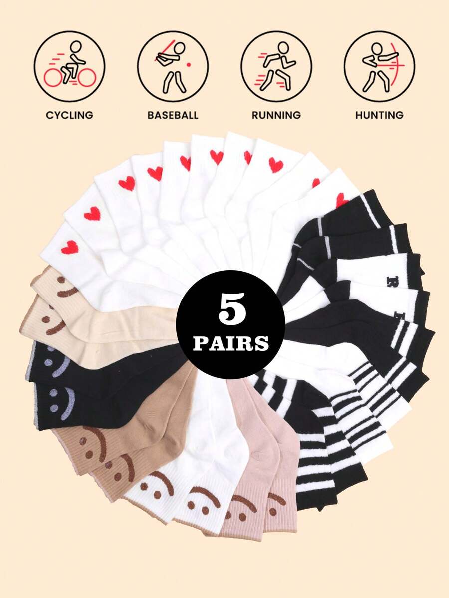 5/1 Pair Women's Mid-Calf Socks, Breathable Sports Socks, Lightweight Seamless Ankle Socks For Spring, Summer, Autumn, Winter