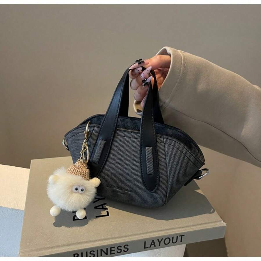 Black Patchwork Quilted Color Block Fashion Retro Pom Pom Decor Women's Handbag, PU Material, Zipper Closure, Dual Top Handles, Adjustable Shoulder Strap, Elegant For Daily Wear, Outing, Commute, Shopping