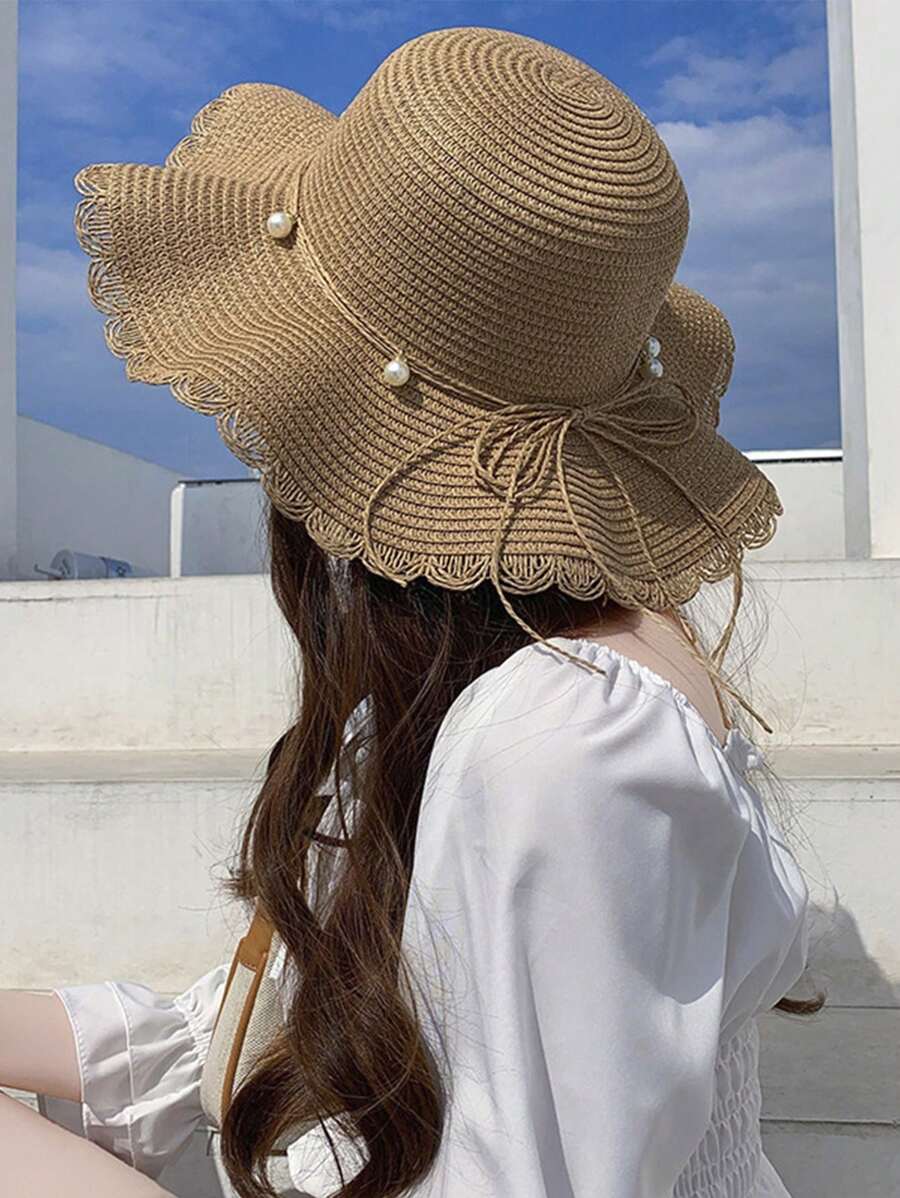 1pc Stylish Ruffled Straw Sun Hat For Outdoor Beach Vacations - Bandage Design With Pearl Pendant,Perfect Fashionable Accessory!