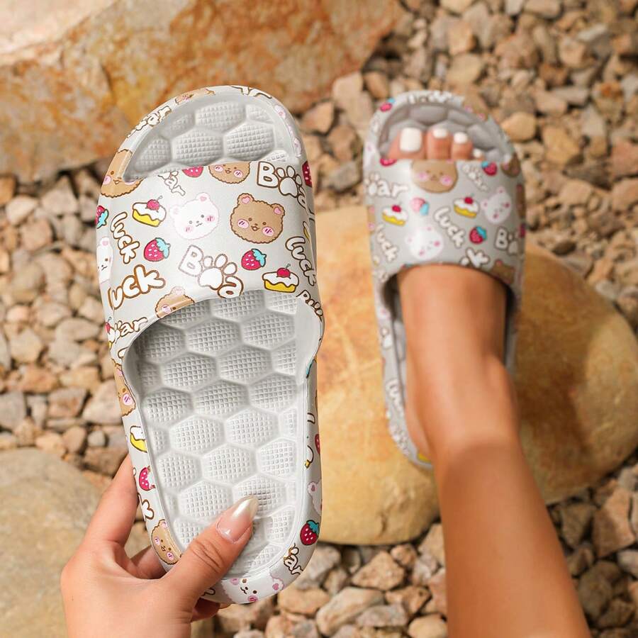 Zomermode sandalen met cartoonprint voor dames, comfortabel, casual design, geschikt voor binnen- en buitengebruik, zachte instappantoffels, lichtgewicht en antislip