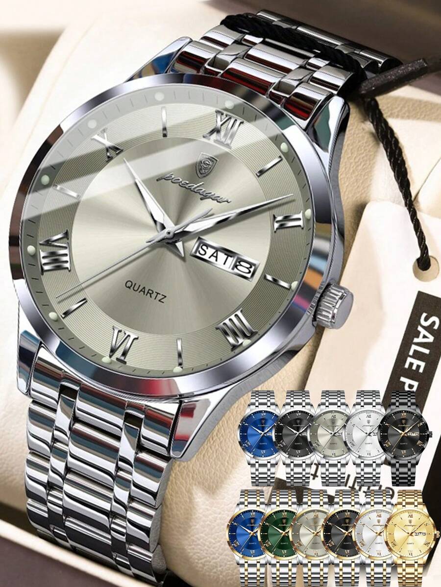 1 pieza Reloj de pulsera de cuarzo de acero inoxidable dorado con estilo de negocios para hombres, con calendario de semana y doble pantalla, resistente al agua 30M, función de manecillas luminosas, reloj casual para hombres con estuche, juego de regalo para hombres