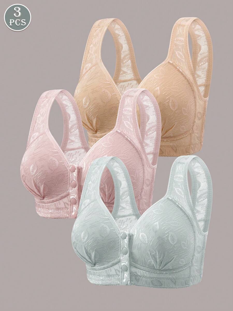 3 Peças Sutiãs Sem Arame Ultramacia de Fechamento Frontal, Roupa Íntima Feminina Respirável