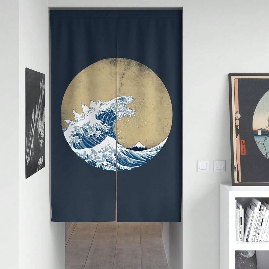 Tenda decorativa in stile asiatico con motivo di grandi onde, di colore blu indaco, fresca e divertente, adatta come divisorio per privacy, armadio, porta della cucina