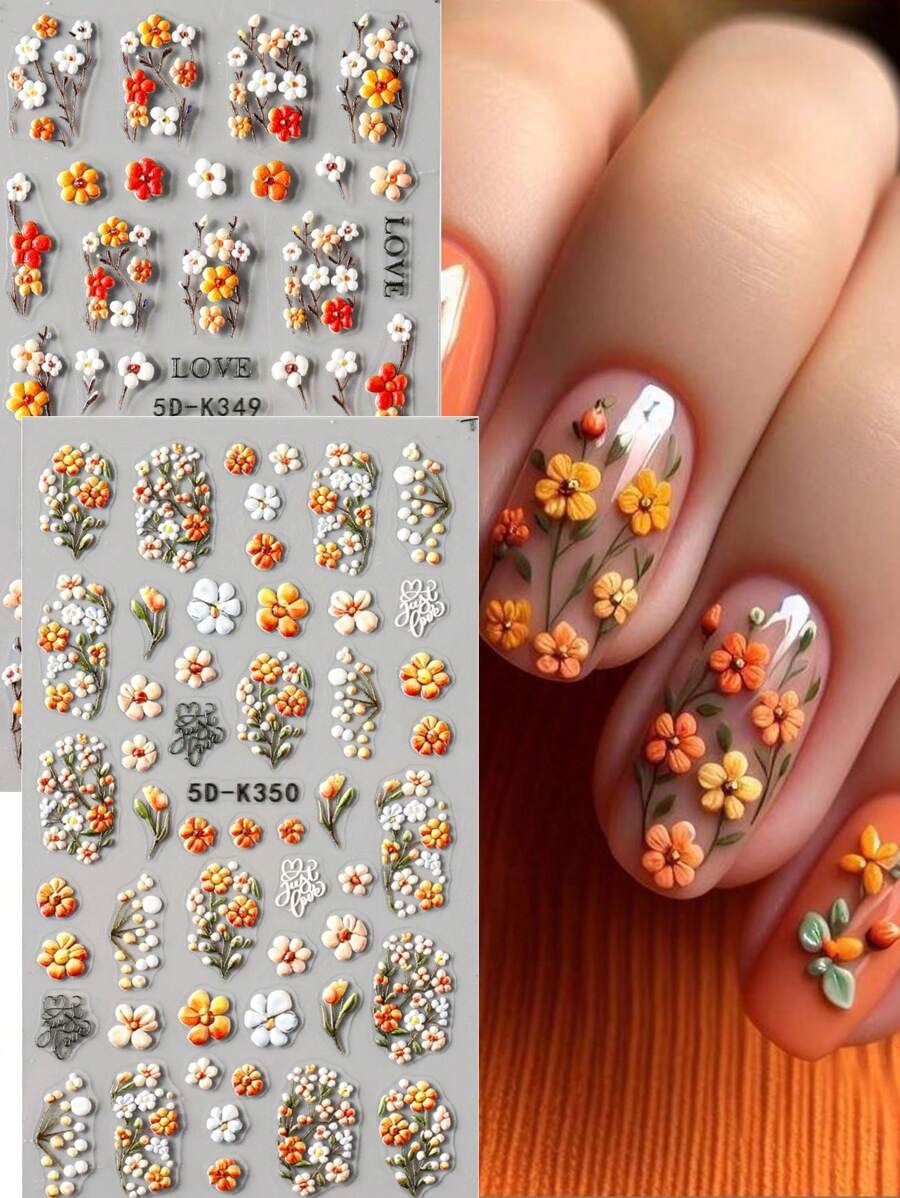 2 pièces Autocollants d'art des ongles 5D en relief, fleurs à cinq pétales jaune orangé. Conceptions d'ongles floraux jardin fleurissant mariage. Fournitures pour ongles DIY, décorations de charmes en relief