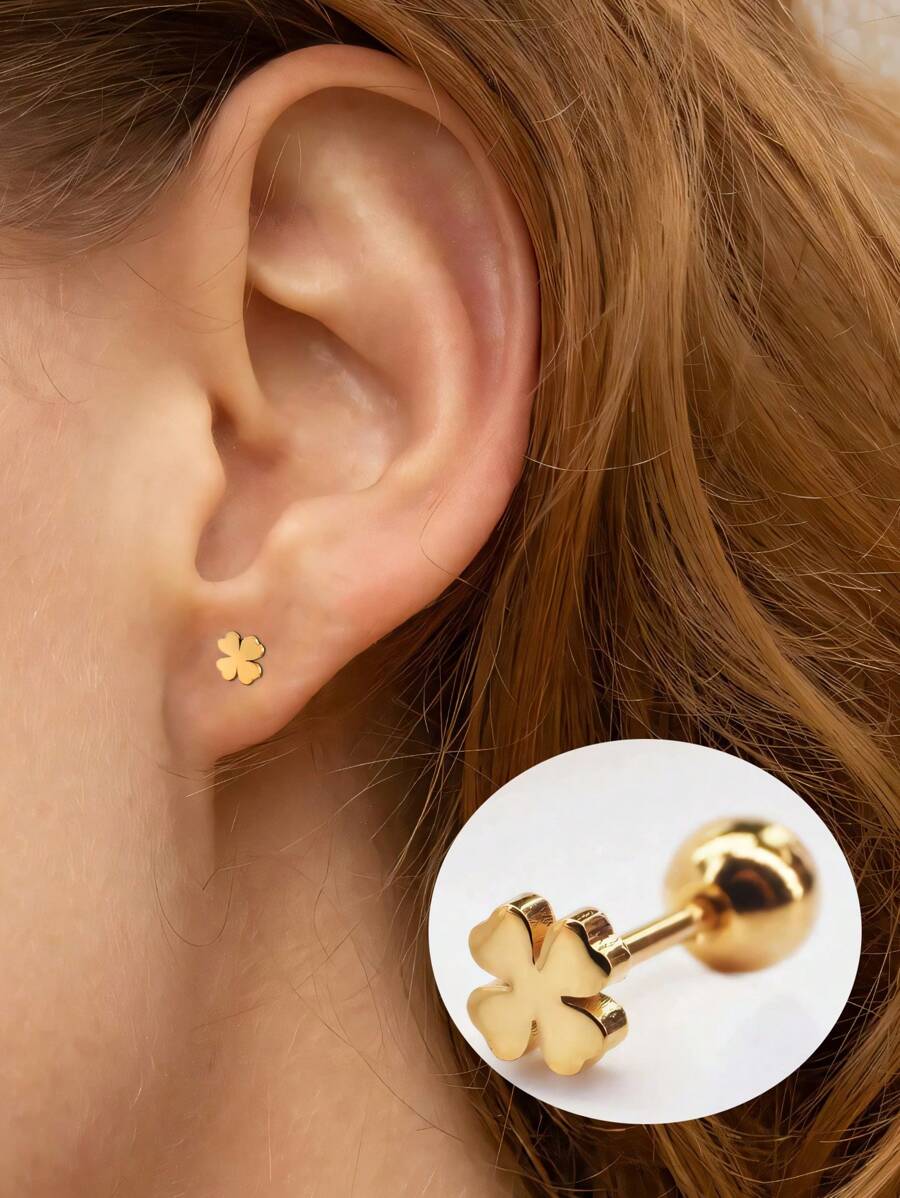 1Pc/1Pair Stainless Steel Gold/Silver Earrings With Four Leaf Clover Simple And Fashionable Design, Available In Multiple Colors, Compact And Mini Earrings, Earrings For Women's Daily Wear