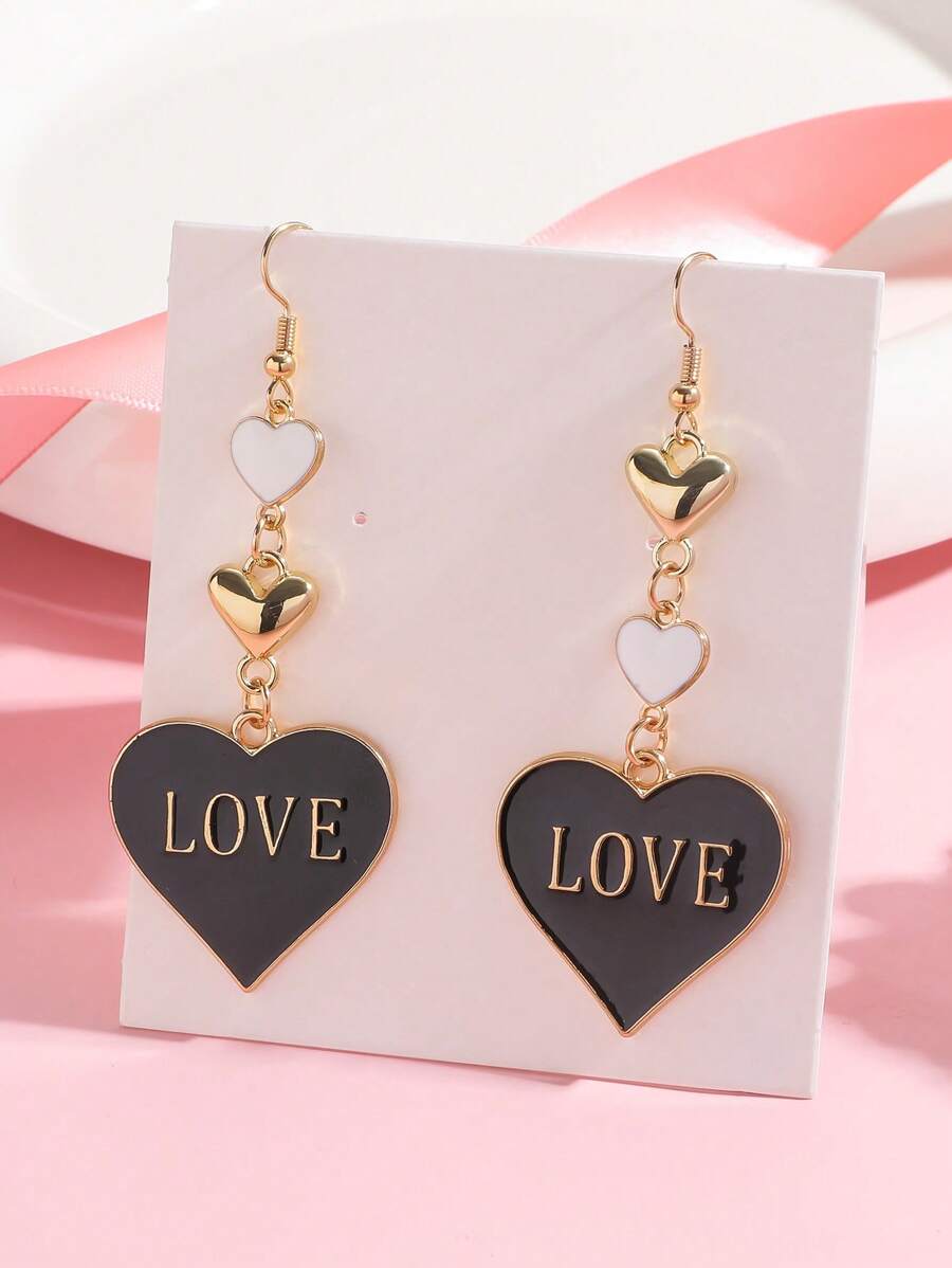1/2 Pairs Multi-Color Fashion Heart-Shaped Metal LOVE Enamel Pendant Earring Set, Suitable For Women Daily Wear, Valentine's Day Gift,Mom,Mother,Mother's Day,Gift