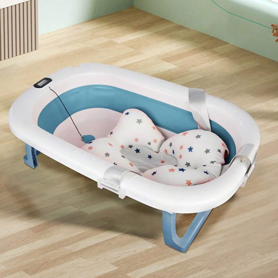 Bañera plegable para bebé con termómetro digital, almohada de baño, compacta, portátil, rosa, gris, azul y verde