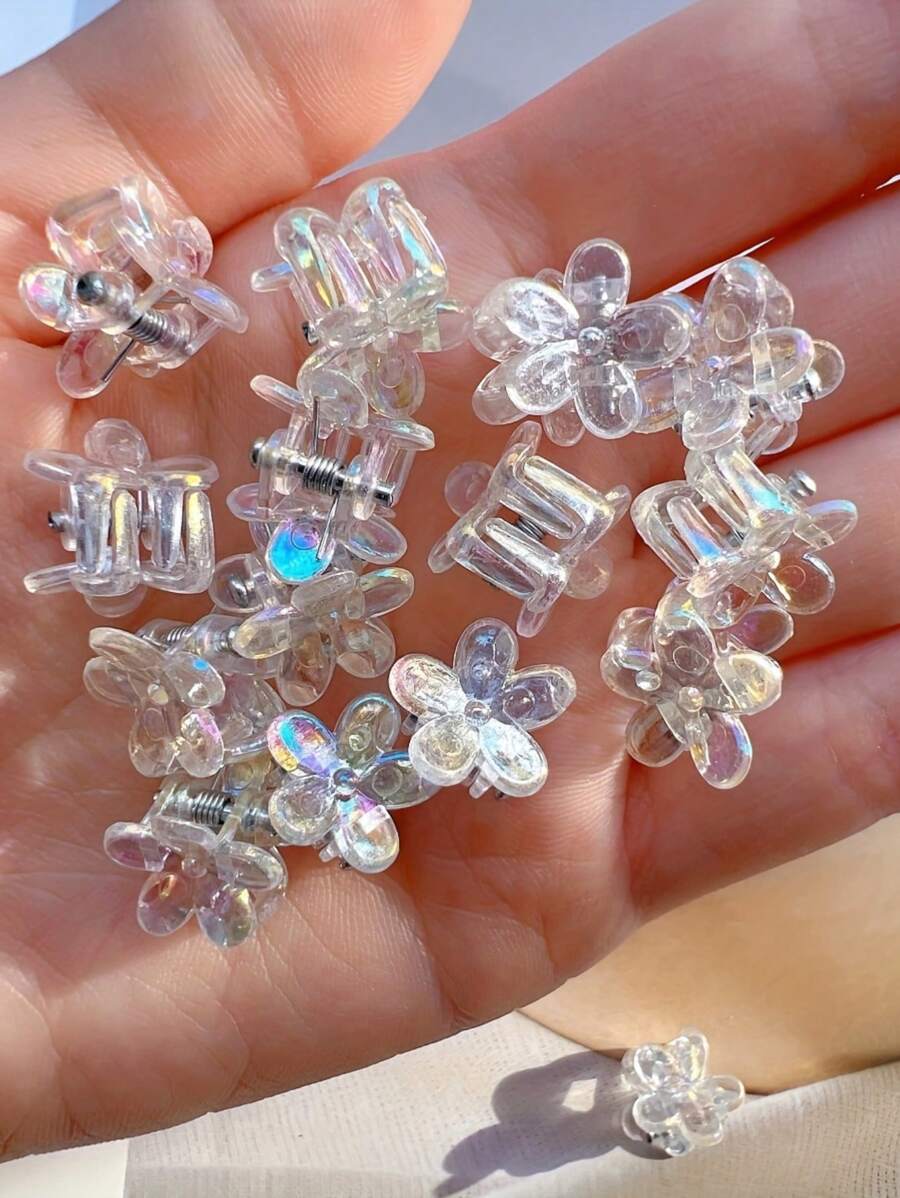 10pcs Cute Holographic Mini Hair Claw Clips For Girls, Resin And Plastic Material, Transparent Design