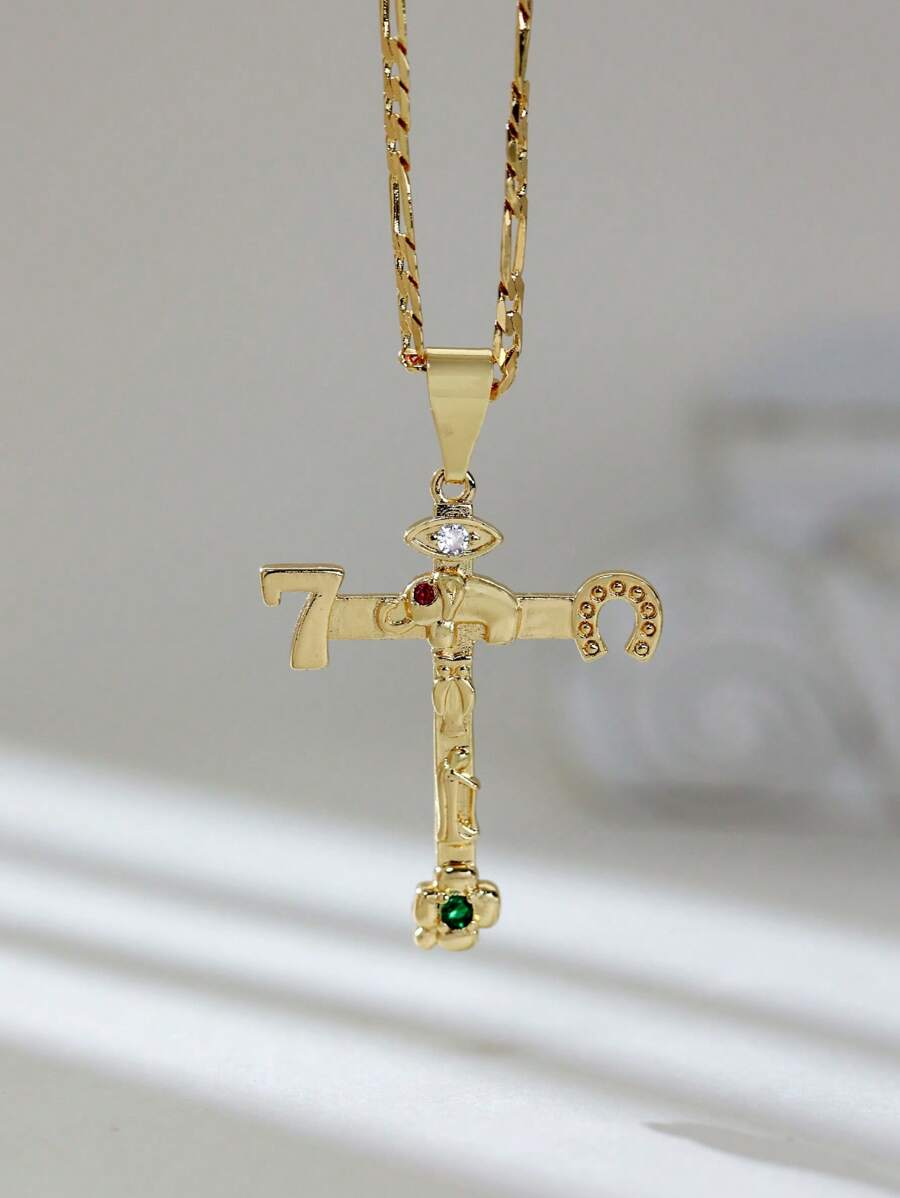 Elegante collar con colgante de cruz y circonita de colores - Estilo vintage afortunado, perfecto para fiestas y celebraciones