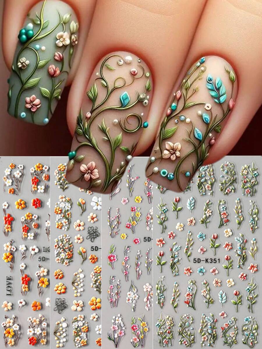 Stickers d'art pour ongles 5D en relief avec bouquet de fleurs de marguerite rose rêveuses, feuille de vigne verte et fleur à cinq pétales épanouissante et rose. Décorations de charms et fournitures pour manucure DIY