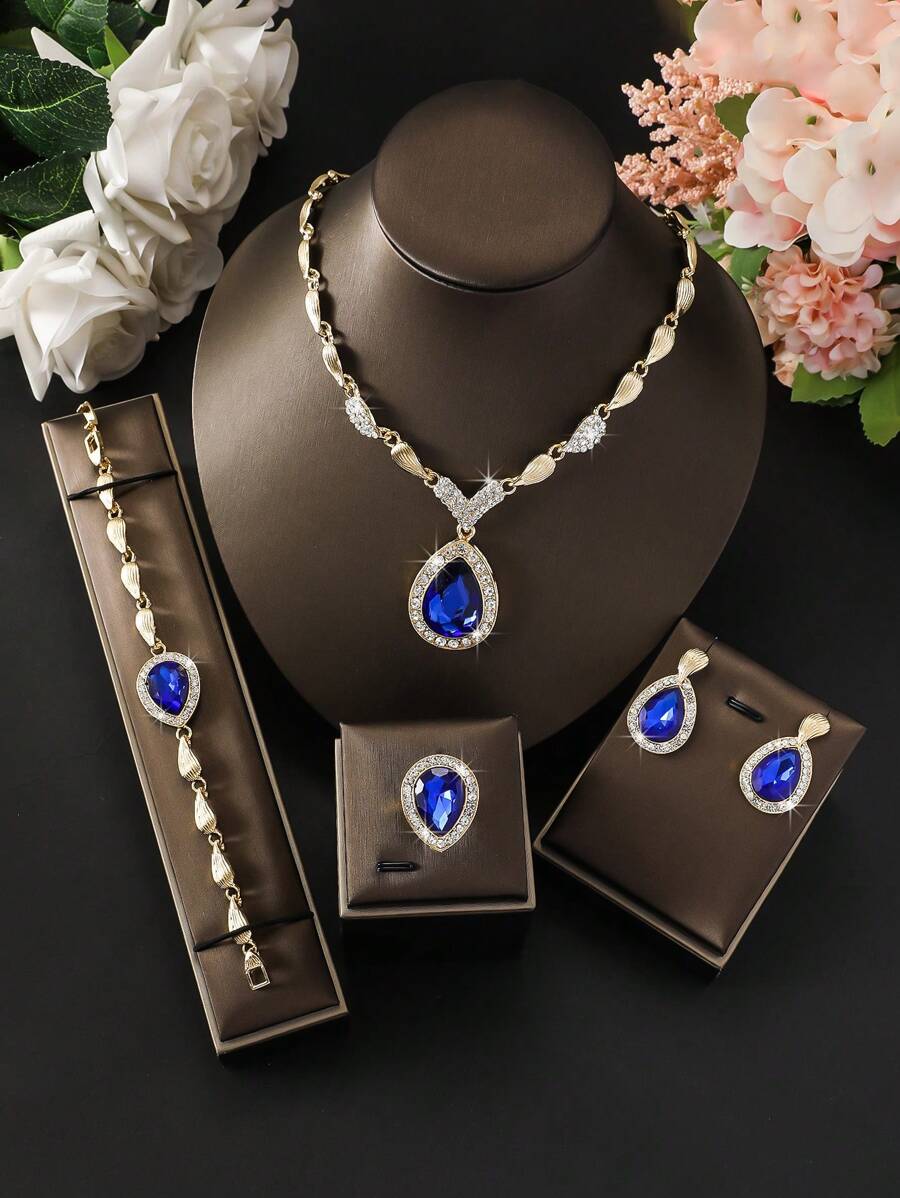 5pcs Women's Copper Alloy Rhinestone Jewelry Set, Wedding Accessories