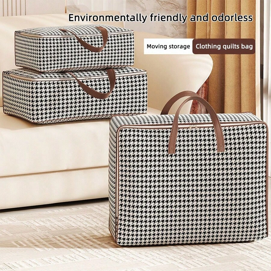 1pc Houndstooth Pattern Tote Storage Bag, Minimalist Design Non-Woven Fabric Rectangular Large Capacity Seasonal Clothes Quilt Storage Bag, Thick Dustproof Moisture-Proof Travel Luggage Bag, Large Capacity Home Organizer Bag, For Home Use