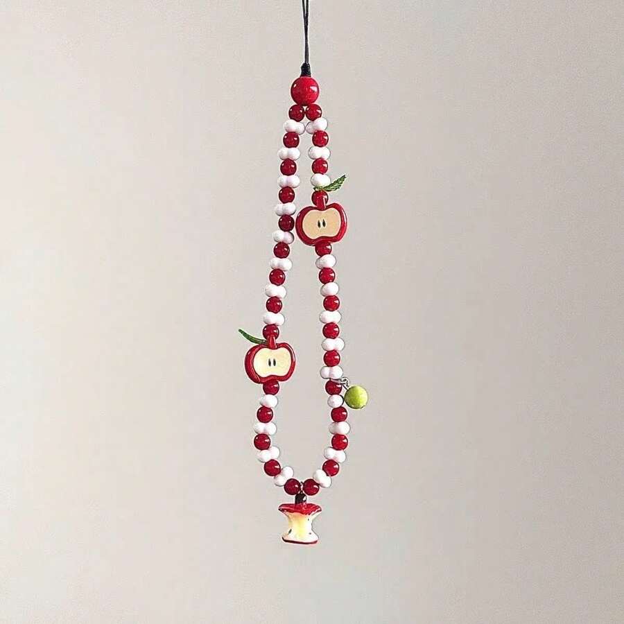 Handmade Half Apple Shaped Mobile Phone Lanyard Keychain Beaded Strap Cute Camera Pendant, Fresh Design Gifts For Mother, Family, Friends, Birthday, Holiday Phone Charm, Phone Chain