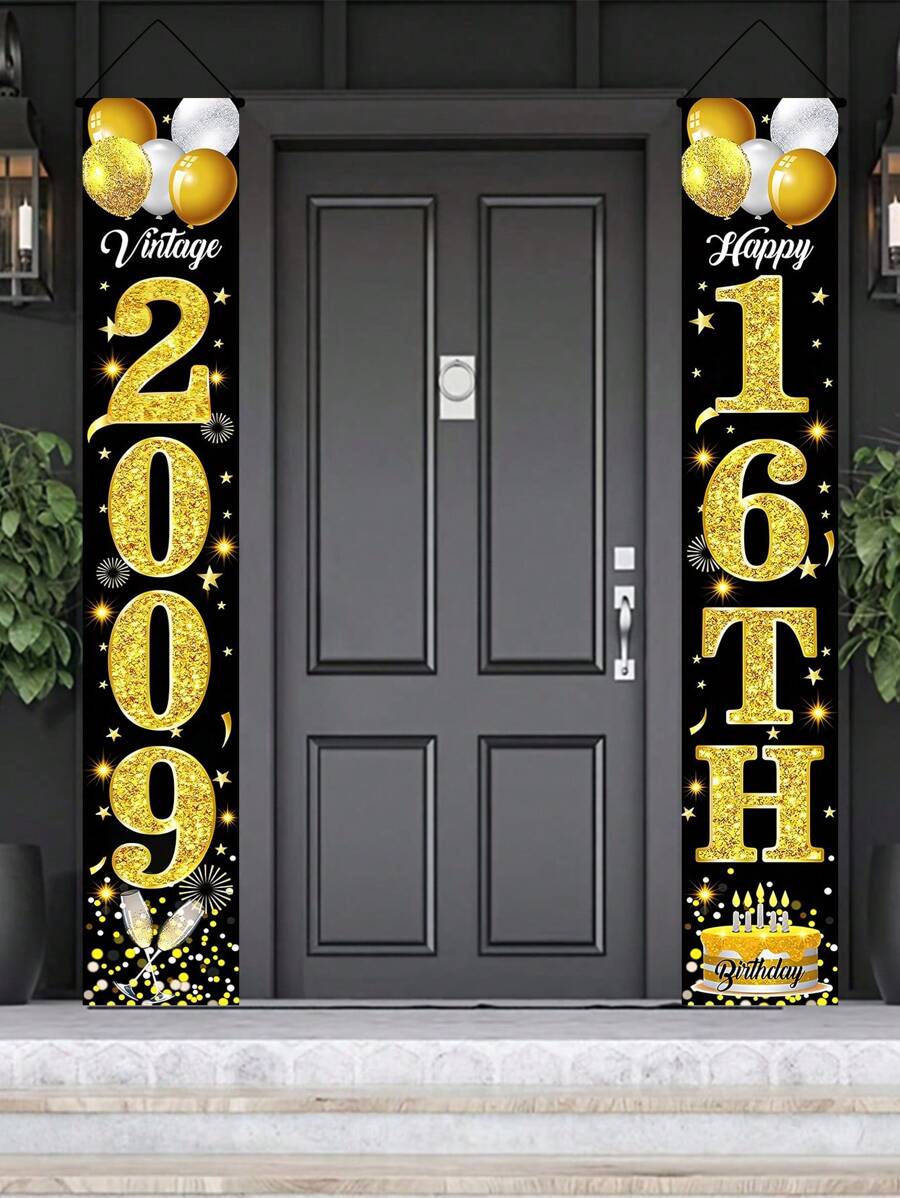 1 Set Black & Gold Glitter Birthday Porch Banner - 70.8 X 11.8 Inches, Multiple Age Ranges (16/18/20-80 Years Old) Porch Sign, For Birthday Party Decor, Outdoor Porch Backdrop, And Gifts