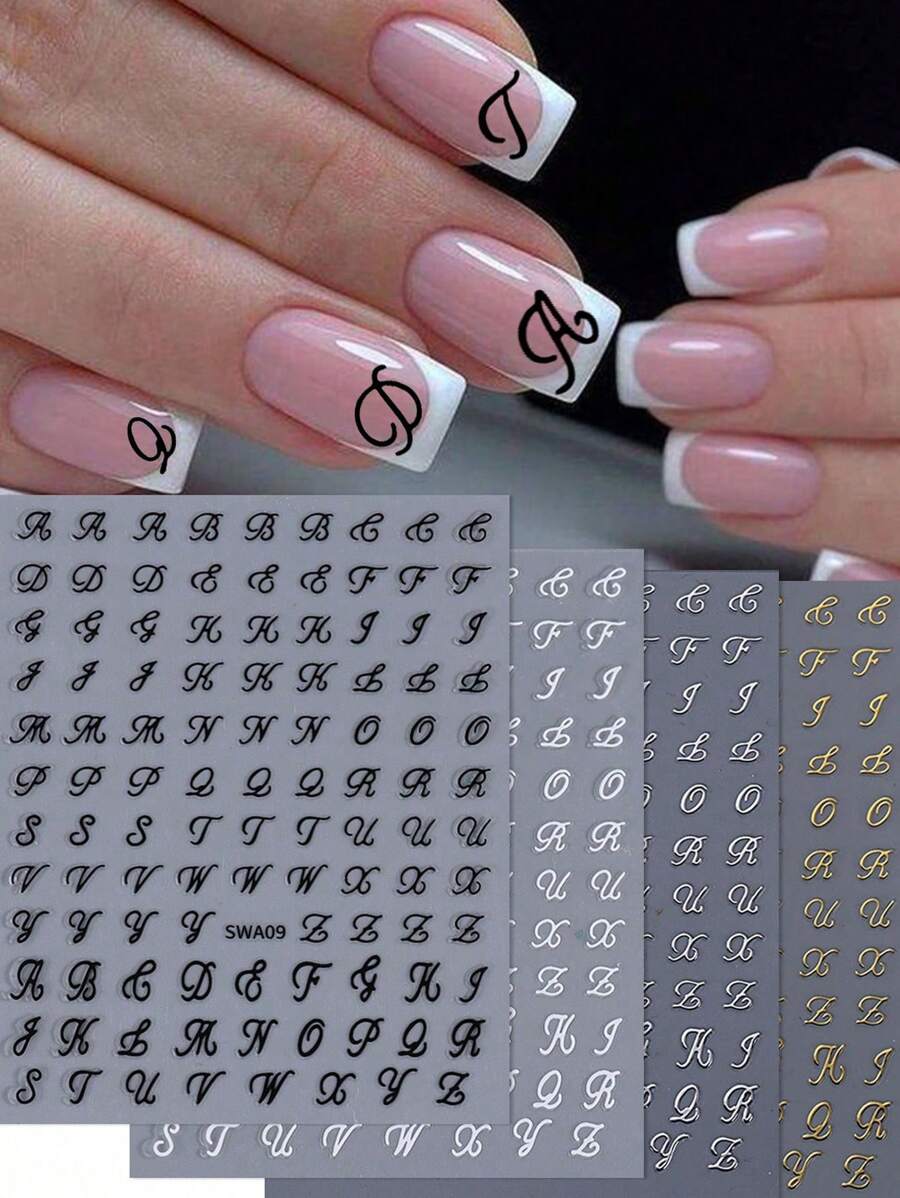 Pegatinas de letras góticas, pegatinas de uñas con letras, pegatinas de uñas 3D con letras vintage, blanco, negro, oro, plata, calcomanías adhesivas DIY, diseños de arte para uñas, decoración de uñas, fácil de usar y duraderas pegatinas de uñas, decoración de uñas DIY para salón de uñas