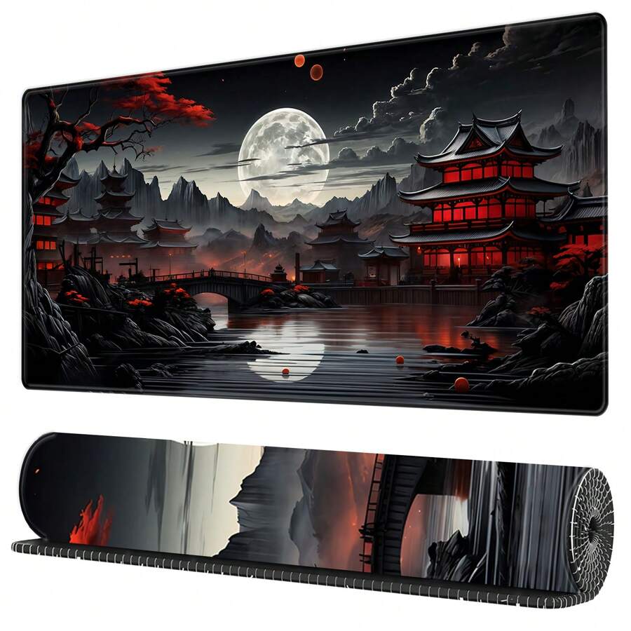 BHJLAXR Japońska mata na biurko Riverside Full Moon Desk Pad Black Red Duża podkładka pod mysz Gaming Mousepad Rozszerzona XXL klawiatura 35,4 X 15,7 cala Laptop Computer Mouse Keyboard Mat do dekoracji biurka