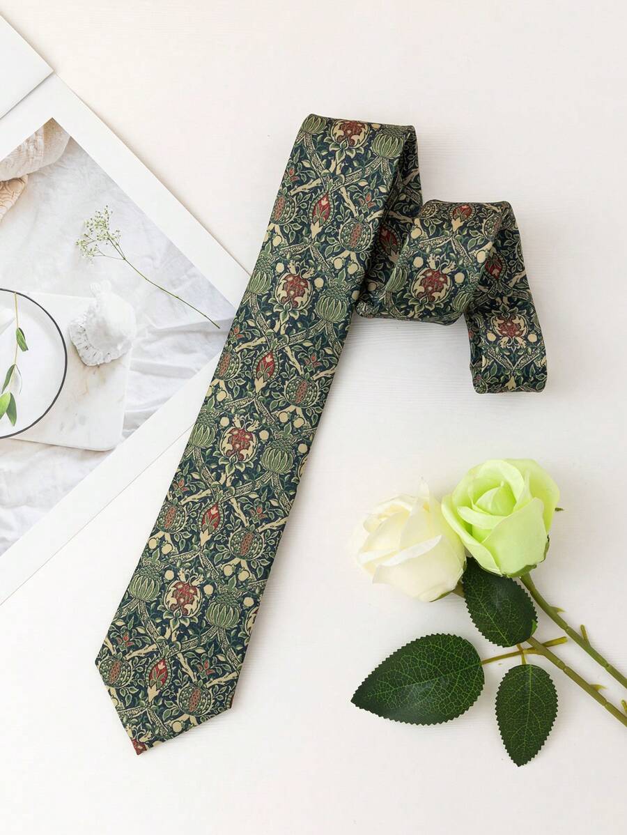 1 pieza Corbata de seda sintética con estampado floral vintage para hombre, accesorio elegante de vestir casual para uso diario
