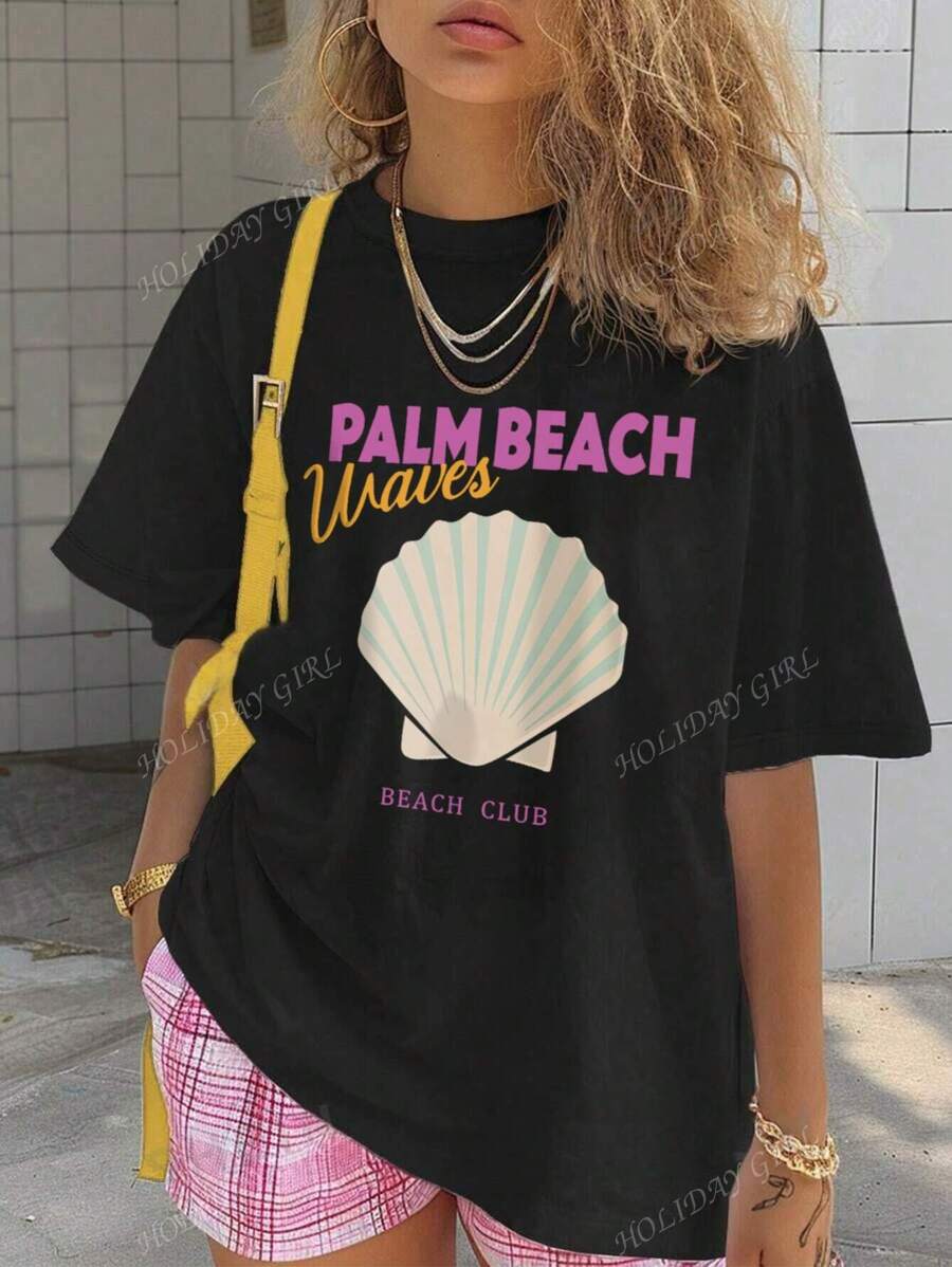 Ladies' Summer Leisure Vacation Style Letter Shell Print Pattern Round Neck Short Sleeved T-Shirt Fashionable And Versatile Women's Top Graphic Tees Women White Top Pink Top
