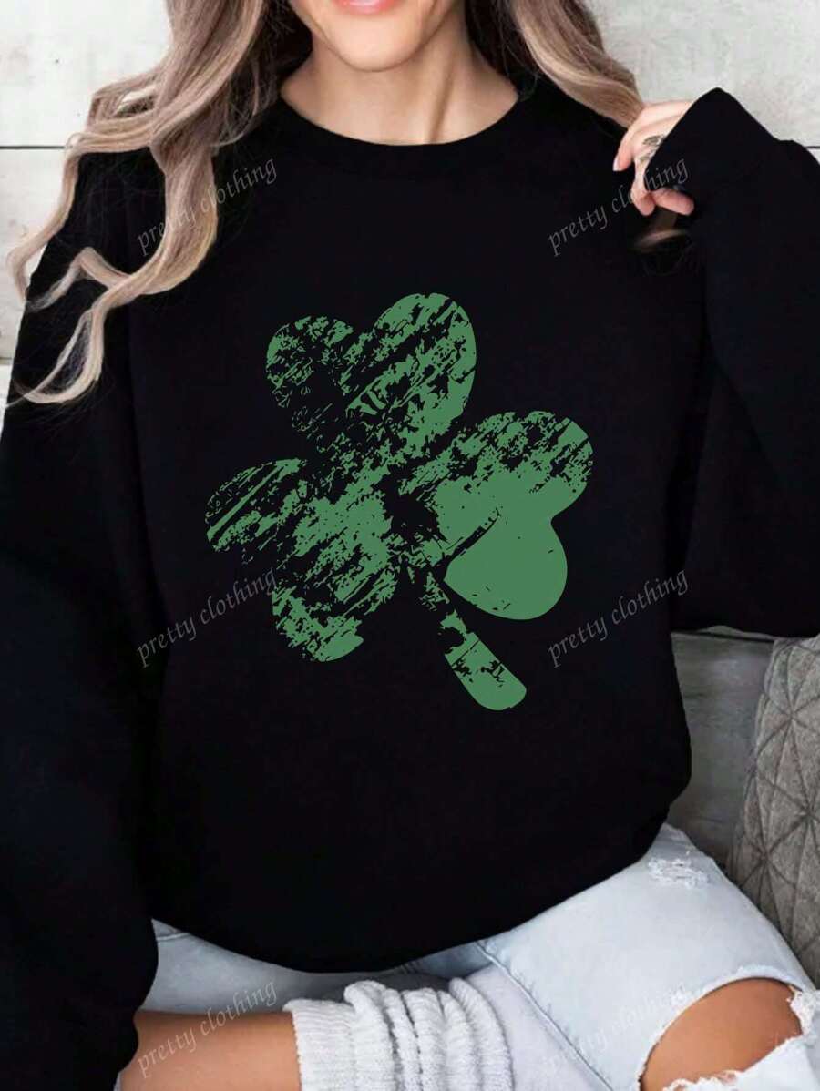 Women's Lucky Clover Pattern Printed Green Casual Sportswear, Full Of Spring And Autumn Vitality, Showcasing Youthful Style Round Neck Sportswear Long Sleeve Hoodie, St. Patrick's Day Costume, Suitable For Daily Wearing Pattern Casual Women's Wear