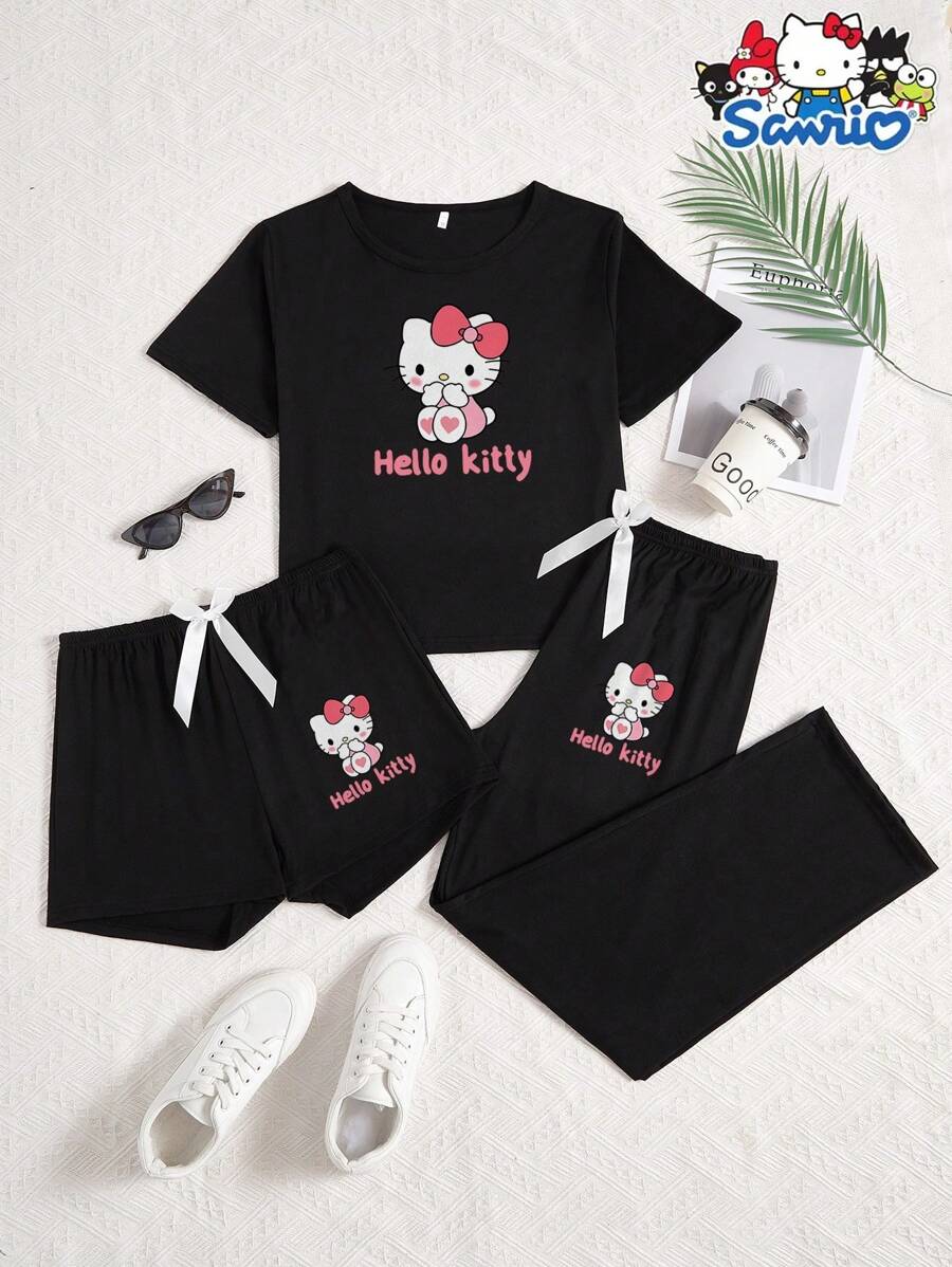 Sanrio 3 set pigiama da donna Hello Kitty Sanrio, composti da maglia a girocollo, pantaloncini e pantaloni lunghi, con stampa di cartoni animati e lettere, pigiama comodo