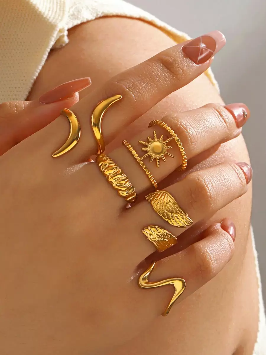 5 peças de anéis abertos de linha de asa banhados a ouro 18K de aço inoxidável, adequados para uso diário feminino