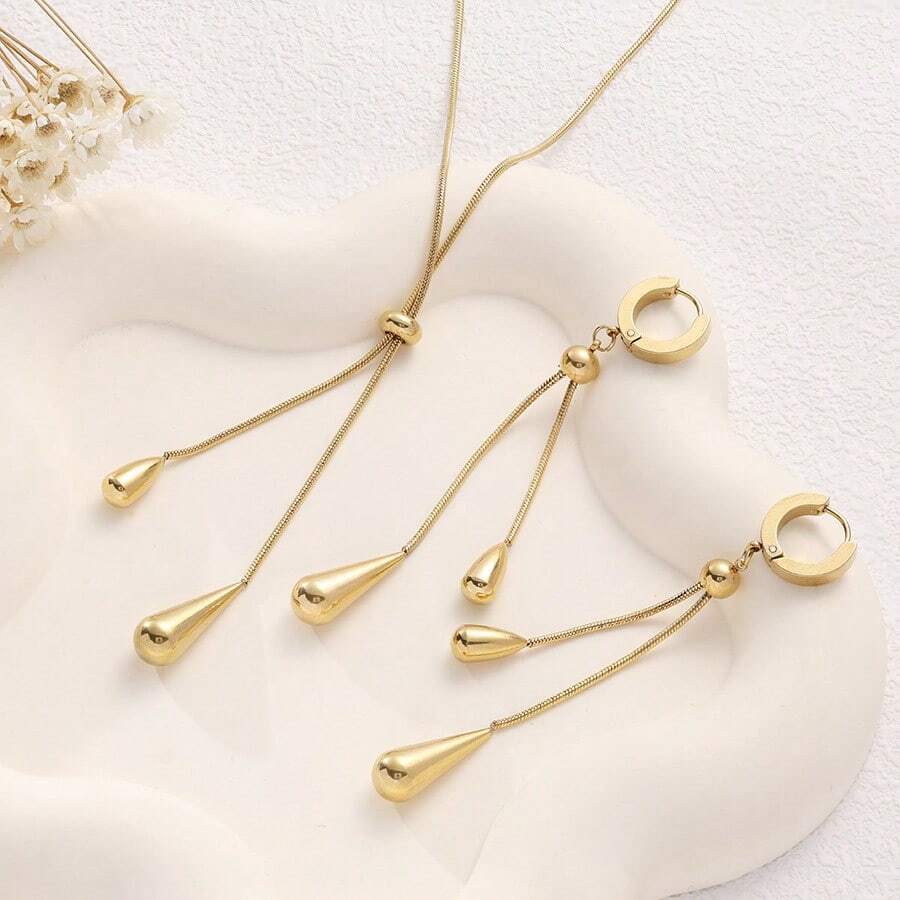 Set de 2 piezas: Pendientes ajustables de gota de agua y collar con cadena de hueso de serpiente de acero de titanio