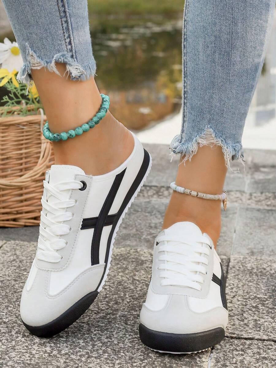 Zapatillas de moda para mujer, elegantes tenis de corte bajo con cordones, punta redonda, casual, con diseño de rayas, suela antideslizante de PVC, forro de malla, parte superior de PU, cómodos para todo el año