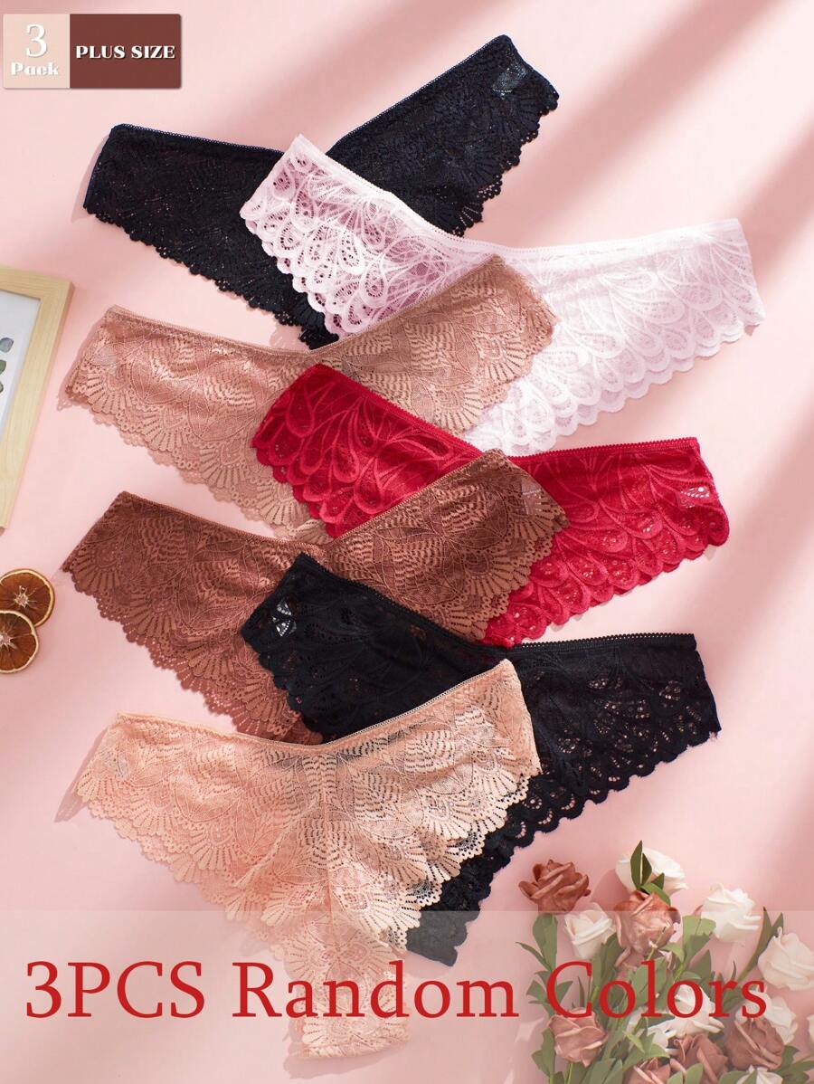 3pcs Random Color Plus Size Women Sexy Lace Mid-Waist Breathable Underwear