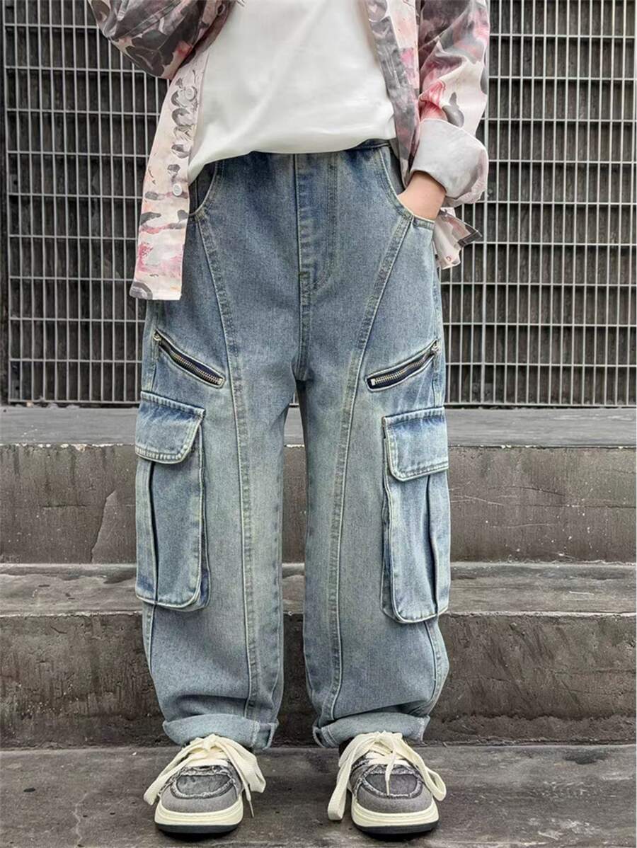 Jeans droits en denim lavé épais de style américain avec fermeture éclair pour adolescents/garçons, pantalons décontractés pour enfants, printemps automne