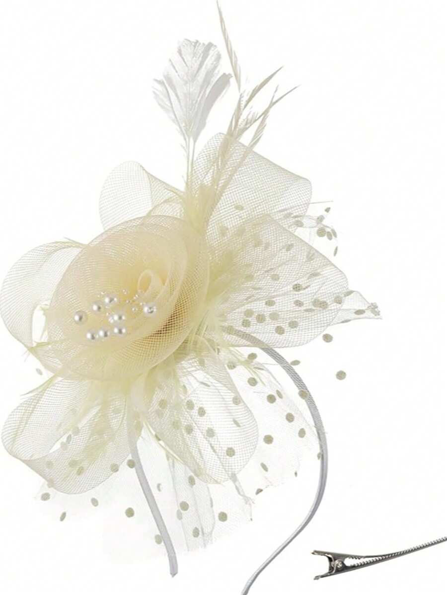 1 Piece Beige Women's Feather Mesh Flower Fascinator With Headband And Clip Wedding Tea Party Kentucky Derby Fascinator Hats