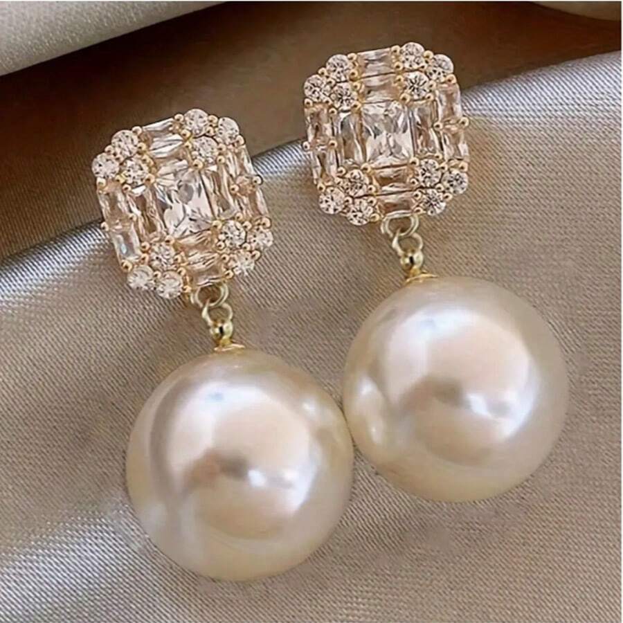 1 par de aretes elegantes de perla falsa con metal y rhinestones, adecuados para uso diario, fiestas y bodas de mujeres
